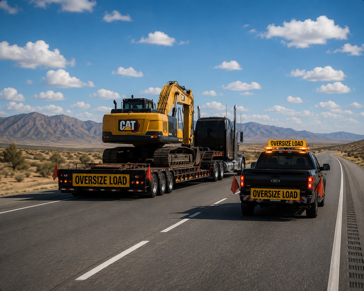Oversize excavator load on the highway, mountains in the distance