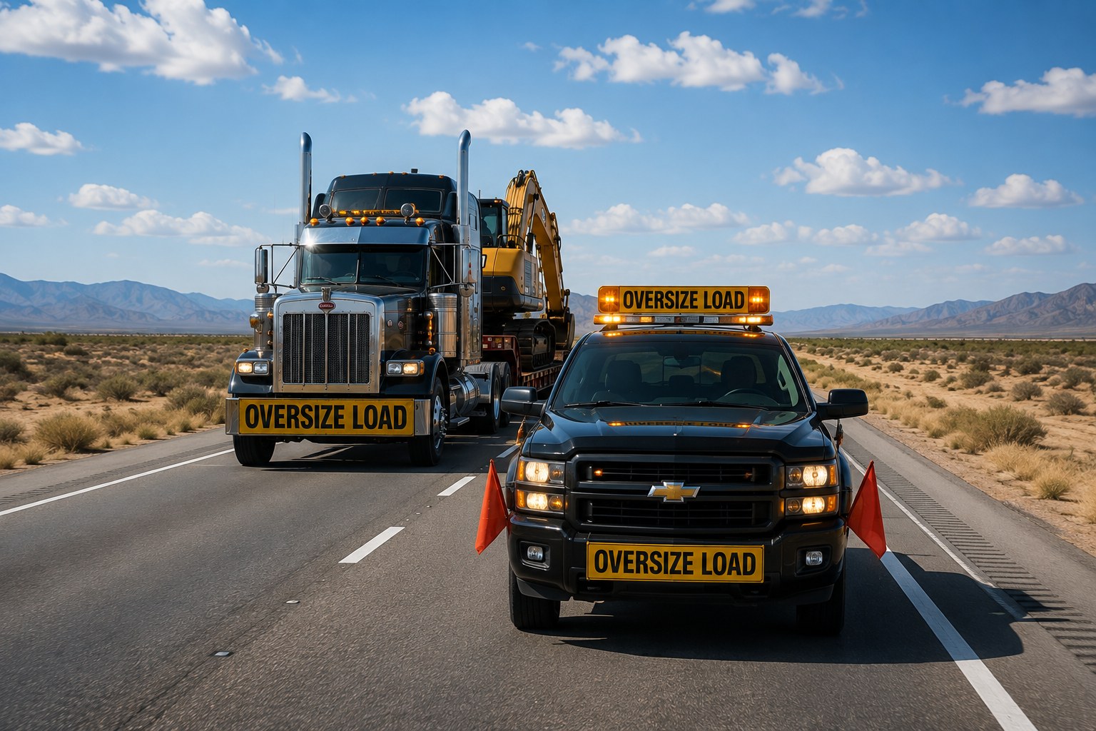 Oversize load truck and pilot car escort on a desert highway
